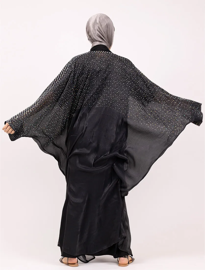 Black Sparkle Crystal Embellished Sheer Overlay Abaya
